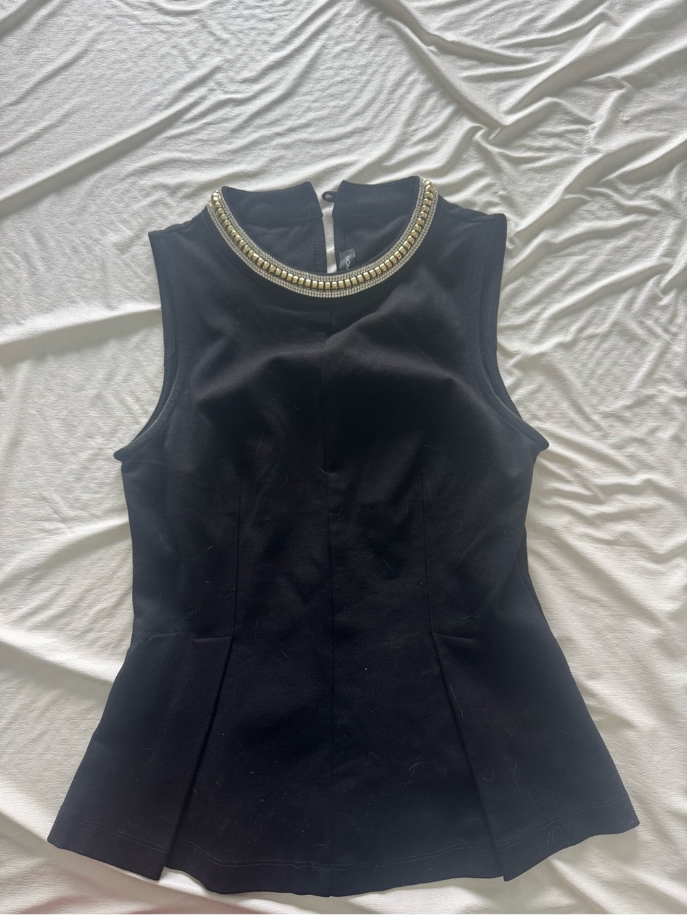 Sleeveless Black Beaded-Neck Peplum Top